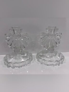 Vintage MCM  Candlestick Holders Pair Clear Art Deco Style